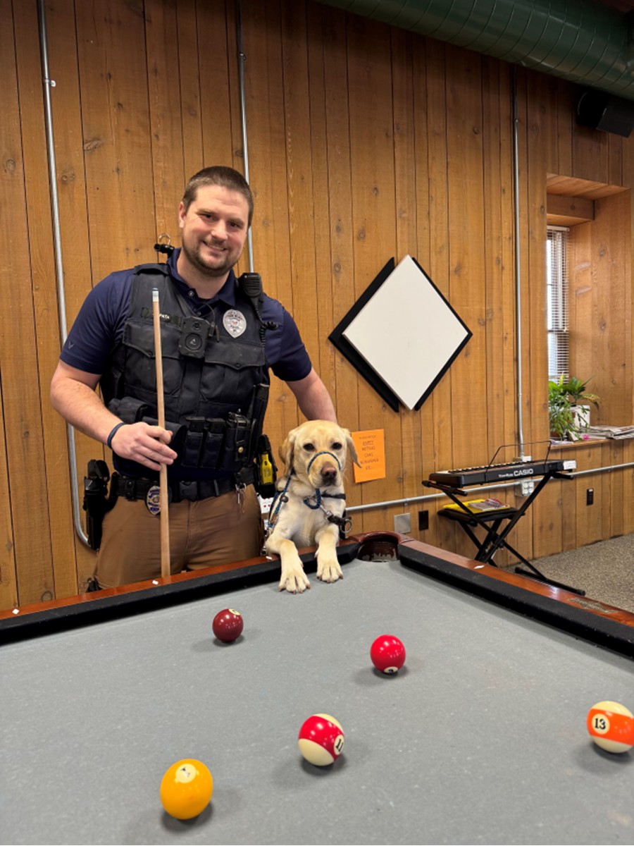 Sergeant Brad Fox with K9 Odin playing pool